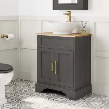 Lucia Graphite Grey Vanity with Oak Effect Top & Oval Counter Top Basin 640mm - Brass Knurled Handles