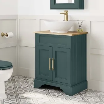 Lucia Midnight Green Vanity with Oak Effect Top & Oval Counter Top Basin 640mm - Brass Knurled Handles