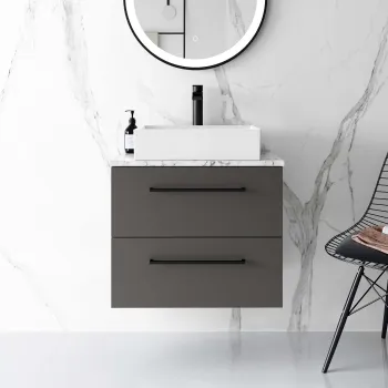 Elba Graphite Grey Wall Hung Drawer Vanity with Marble Top & Cody Basin 600mm - Black Accents