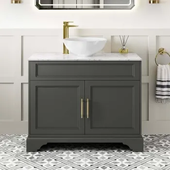 Lucia Graphite Grey Vanity with Marble Top & Round Counter Top Basin 1030mm - Brass Knurled Handles
