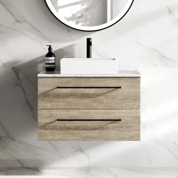 Elba Dawn Oak Wall Hung Drawer Vanity with Marble Top & Cody Basin 800mm - Black Accents