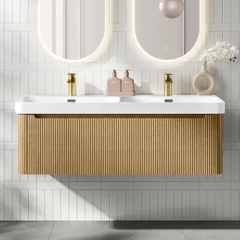 Sorrento Fluted Country Oak Wall Hung Double Basin Drawer Vanity 1200mm