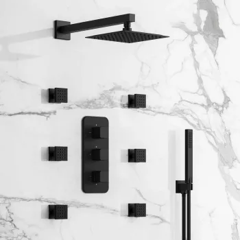 Galway Premium Matt Black Square Thermostatic Set - 200mm Head, Hand Shower & Body Jets