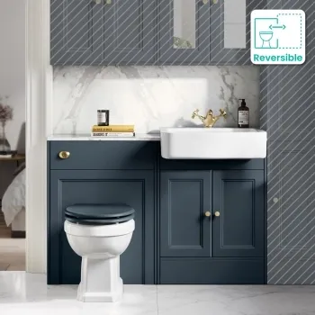 Monaco Inky Blue Combination Vanity Basin with Marble Top & Hudson Toilet with Wooden Seat 1200mm - Brushed Brass Accents
