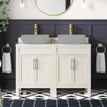 Bermuda Chalk White Cabinet with Marble Top 1200mm Excludes Counter Top Basin - Brass Knurled Handles