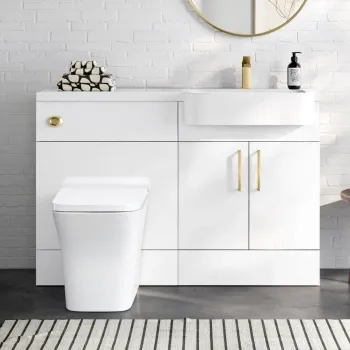 Harper Gloss White Combination Vanity Basin and Houston Toilet 1200mm - Brushed Brass Accents - Right Handed