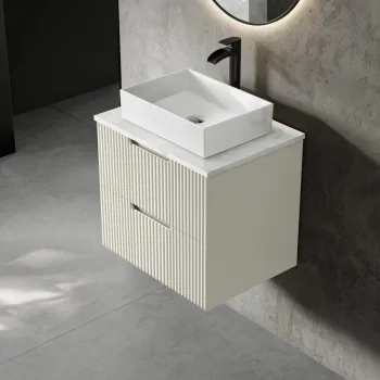 Crete Fluted Linen White Wall Hung Drawer Vanity with Marble Top & Cody Basin 600mm