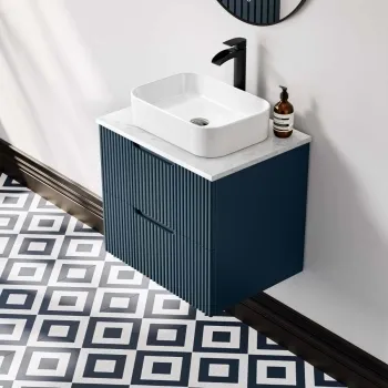 Crete Fluted Navy Blue Wall Hung Drawer Vanity with Marble Top & Marin Basin 600mm