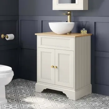 Lucia Chalk White Vanity with Oak Effect Top & Round Counter Top Basin 640mm - Brushed Brass Accents