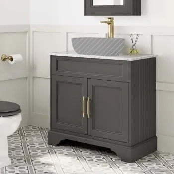 Lucia Graphite Grey Cabinet with Marble Top 840mm (Excludes Counter Top Basin) - Brass Knurled Handles