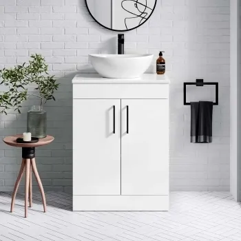 Mersey Gloss White Vanity with Oval Basin 600mm - Black Accents