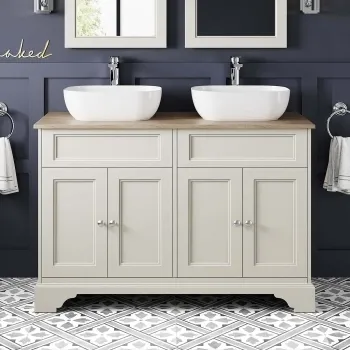 Lucia Chalk White Double Vanity With Oak Effect Top & Curved Counter Top Basin 1200mm
