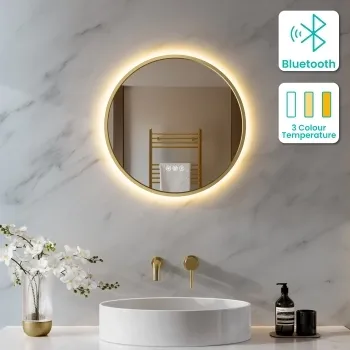 Delilah Brushed Brass Round Backlit LED Mirror With BLUETOOTH Speaker 500mm