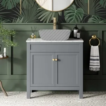 Bermuda Dove Grey Cabinet with Marble Top 800mm Excludes Counter Top Basin - Brushed Brass Accents