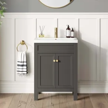 Bermuda Graphite Grey Basin Vanity 600mm - Brushed Brass Accents