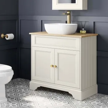 Lucia Chalk White Vanity with Oak Effect Top & Curved Counter Top Basin 840mm - Brushed Brass Accents