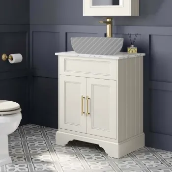 Lucia Chalk White Cabinet with Marble Top 640mm (Excludes Counter Top Basin) - Brass Knurled Handles