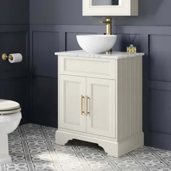 Lucia Chalk White Vanity with Marble Top & Round Counter Top Basin 640mm - Brass Knurled Handles