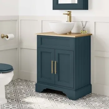 Lucia Inky Blue Vanity with Oak Effect Top & Round Counter Top Basin 640mm - Brass Knurled Handles