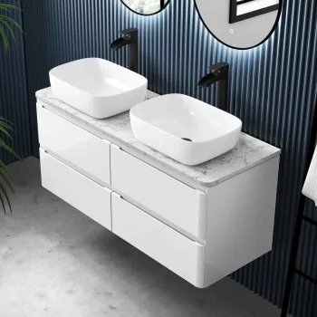 Corsica Gloss White Wall Hung Drawer Vanity with Marble Top & Curved Counter Top Basin 1200mm