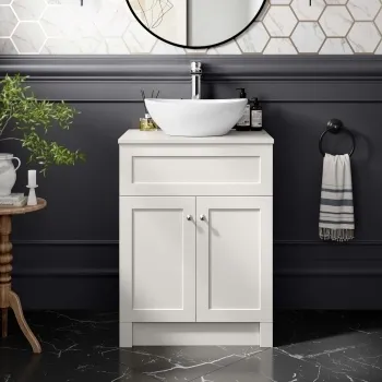 Milos Cotton White Vanity with Oval Basin 600mm - Brushed Handles