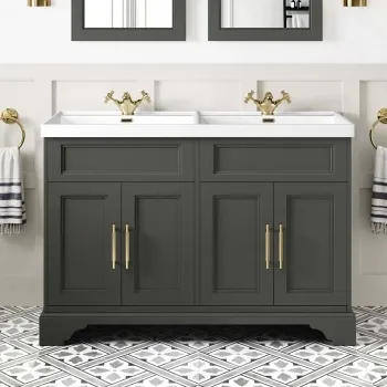 Lucia Graphite Grey Double Basin Vanity 1200mm - Brass Knurled Handles