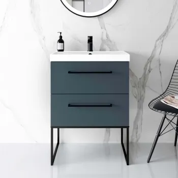 Elba Inky Blue Wall Hung Basin Drawer Vanity 600mm with Matt Black Stand