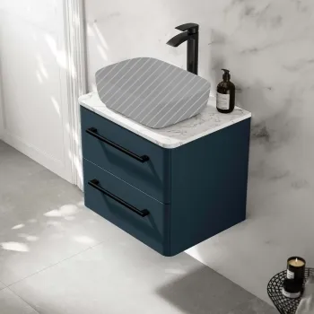 Omaha Navy Blue Wall Hung Drawer Vanity with Marble Top 600mm (Excludes Counter Top Basin) - Black Accents