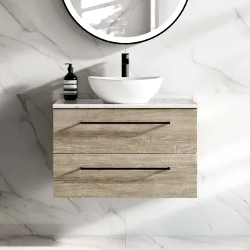Elba Dawn Oak Wall Hung Drawer Vanity with Marble Top & Oval Counter Top Basin 800mm - Black Accents