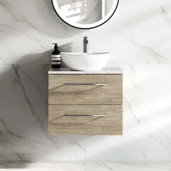 Elba Dawn Oak Wall Hung Drawer Vanity with Marble Top & Oval Counter Top Basin 600mm