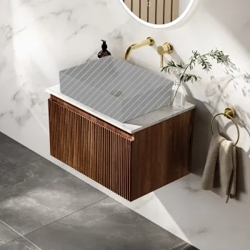 Malta Fluted Black Walnut Wall Hung Drawer Vanity with Marble Top 600mm - Excludes Counter Top Basin