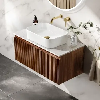 Malta Fluted Black Walnut Wall Hung Drawer Vanity with Marble Top & Marin Basin 800mm