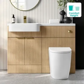 Sicily Fluted Country Oak Combination Vanity Basin and Utah Comfort Height Toilet 1200mm - Brushed Brass Accents - Left Handed
