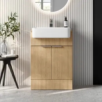 Sicily Fluted Country Oak Vanity with Semi Recessed Basin 600mm - Chrome Handles