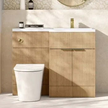 Havana Fluted Country Oak Combination Vanity Basin and Tucson Toilet 1100mm - Brushed Brass Accents - Right Handed