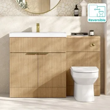 Havana Fluted Country Oak Combination Vanity Basin and Miami Toilet 1300mm - Brushed Brass Accents
