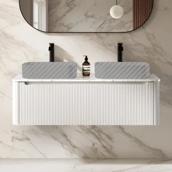 Sorrento Fluted Coastal White Double Wall Hung Drawer Vanity with Marble Top 1200mm - Excludes Counter Top Basin
