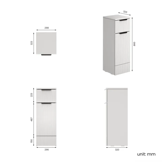 Sicily Fluted Coastal White Side Cabinet Unit 300mm - Black Accents