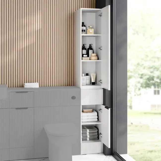 Sicily Fluted Coastal White Floor Standing Tall Cabinet Unit 1900x300mm - Black Accents