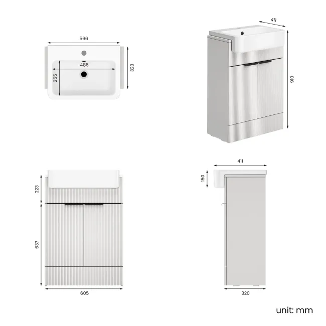 Sicily Fluted Coastal White Vanity with Semi Recessed Basin 600mm - Black Accents
