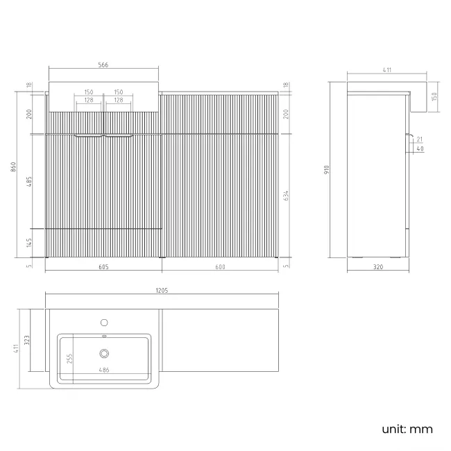 Sicily Fluted Coastal White Basin Vanity and Back To Wall Toilet Unit 1200mm (Excludes Toilet) - Black Accents
