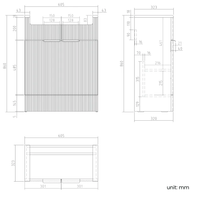 Sicily Fluted Coastal White Basin Vanity and Back To Wall Toilet Unit 1200mm (Excludes Toilet) - Black Accents