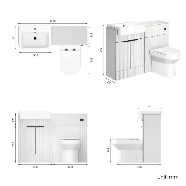 Sicily Fluted Coastal White Combination Vanity Basin and Miami Toilet 1200mm - Black Accents