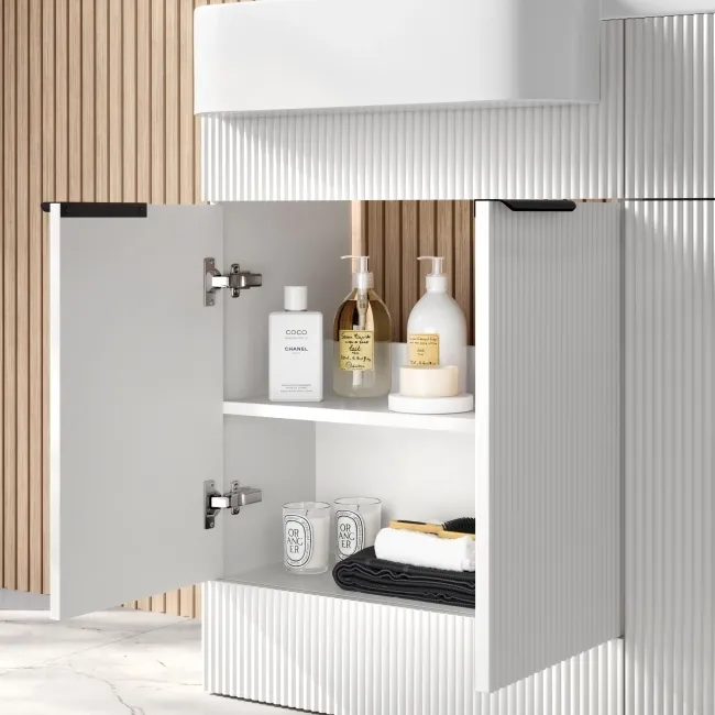 Sicily Fluted Coastal White Basin Vanity and Back To Wall Toilet Unit 1200mm (Excludes Toilet) - Black Accents - Left Handed