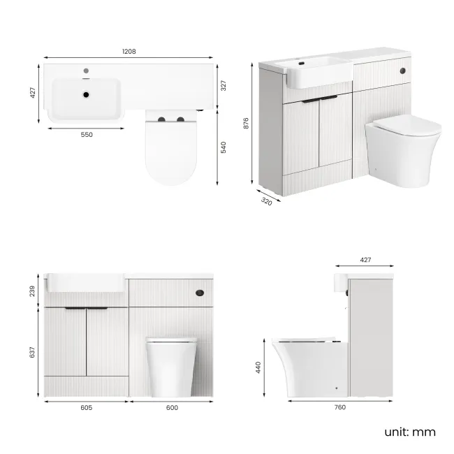 Sicily Fluted Coastal White Combination Vanity Basin and Tucson Toilet 1200mm - Black Accents - Left Handed