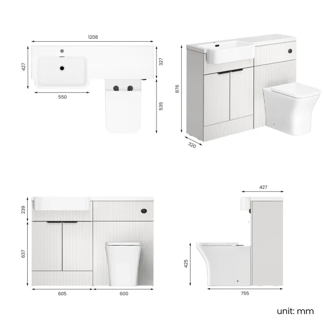 Sicily Fluted Coastal White Combination Vanity Basin and Houston Toilet 1200mm - Black Accents - Left Handed