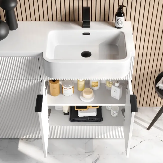 Sicily Fluted Coastal White Basin Vanity and Back To Wall Toilet Unit 1200mm (Excludes Toilet) - Black Accents - Right Handed