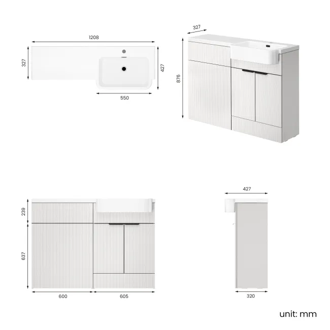 Sicily Fluted Coastal White Basin Vanity and Back To Wall Toilet Unit 1200mm (Excludes Toilet) - Black Accents - Right Handed