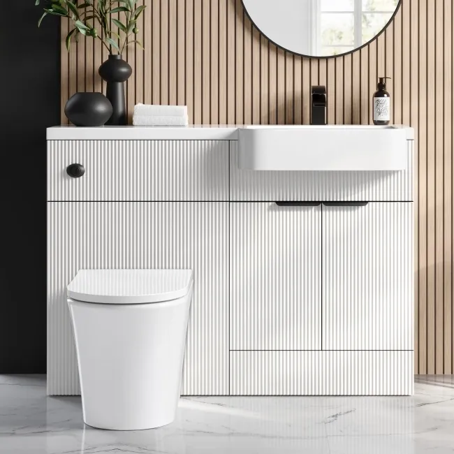 Sicily Fluted Coastal White Combination Vanity Basin and Tucson Toilet 1200mm - Black Accents - Right Handed