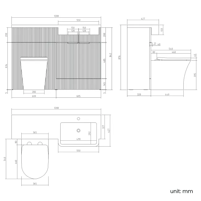 Sicily Fluted Coastal White Combination Vanity Basin and Tucson Toilet 1200mm - Black Accents - Right Handed